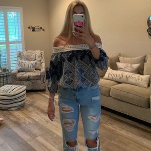 Half/long sleeve blue and white blouse